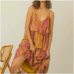 Zara |  Tiered Strappy Summer Dress, Pink & Gold Paisley, Size XS